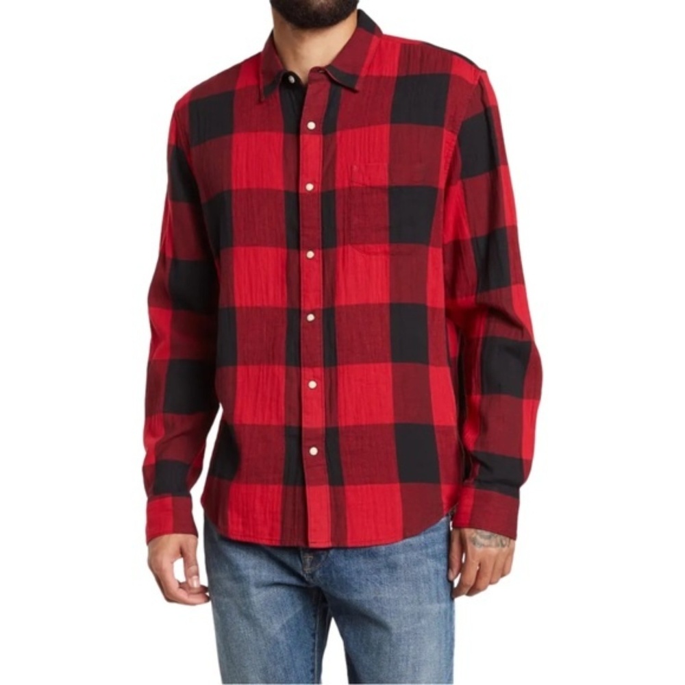 Lucky Brand San Gabe Shirt Mens Large Red Black Buffalo Plaid Cotton Flannel NWT